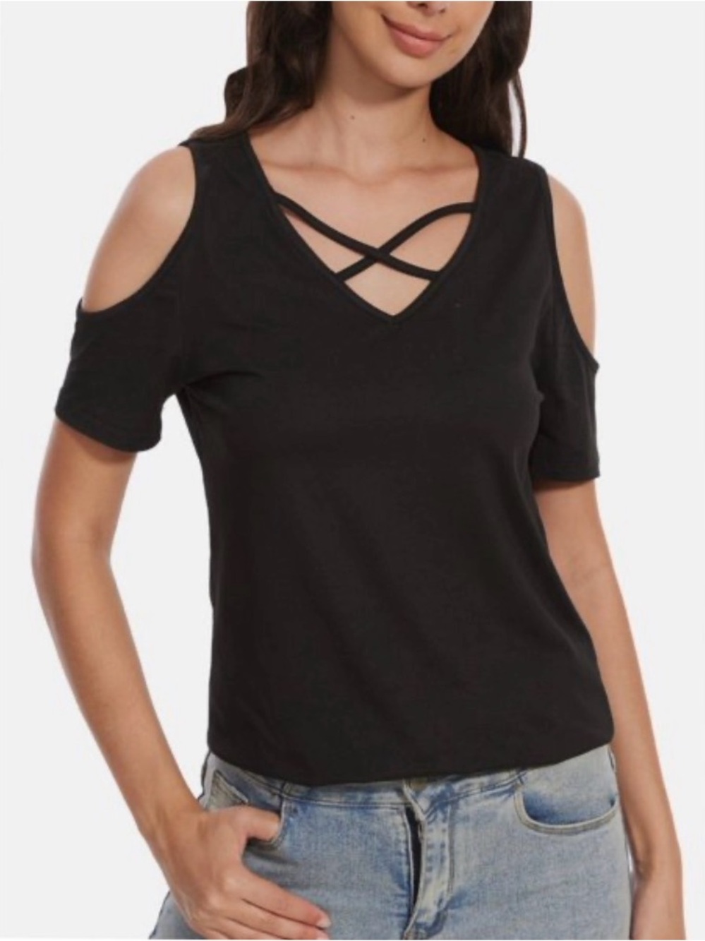 Ambiance Black Trending Crisscross V-Neck Cold Shoulder Top Cotton Plus Size 1X - Picture 3 of 11